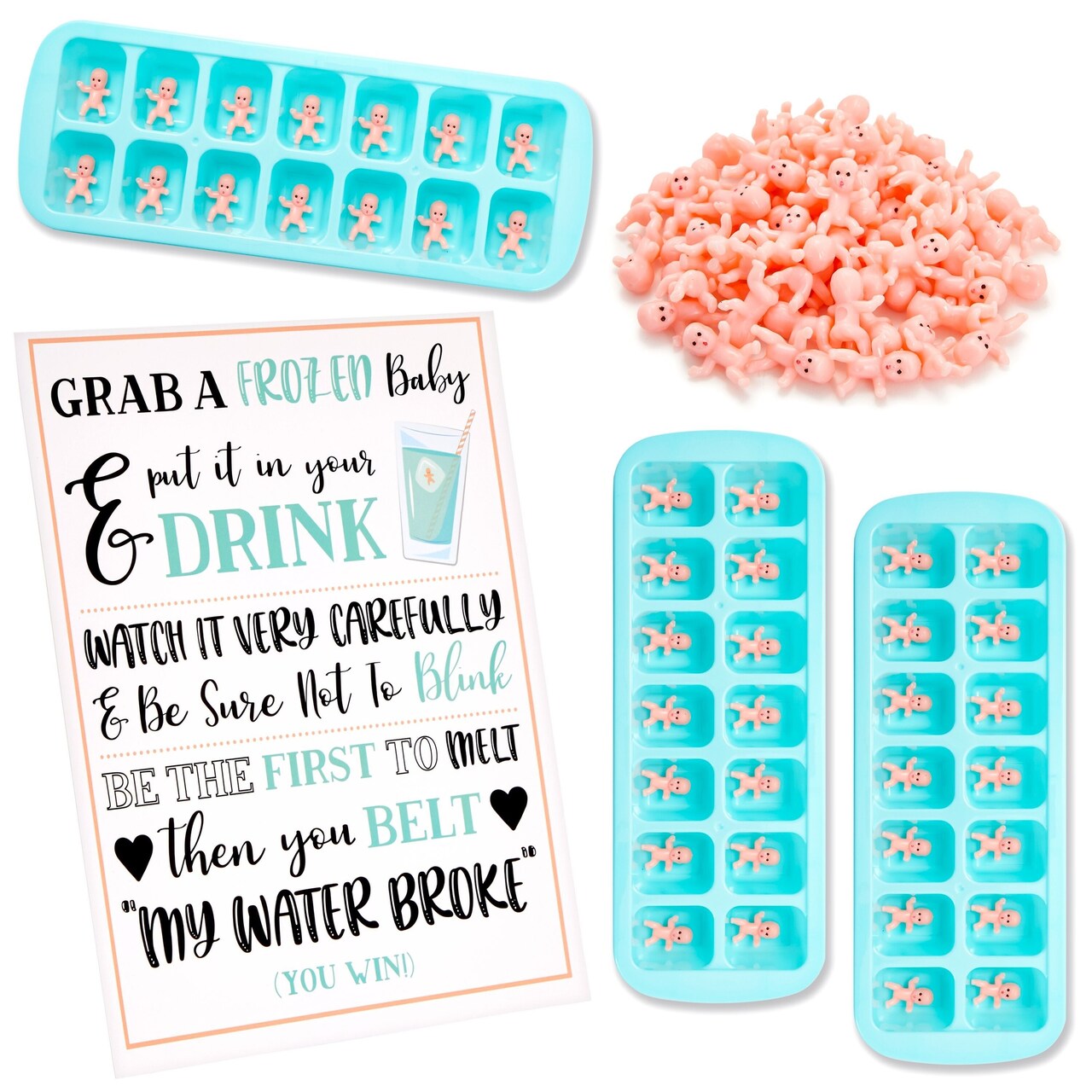 Juvale Baby Shower Games Kit - 60 White Tiny Plastic Babies, 3 Ice Cube Trays - My Water Broke Ice Cube Challenge & Shower Activity Supplies